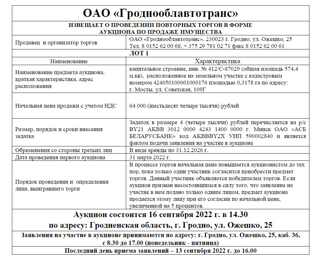 Извещение о проведении повторных торгов в виде аукциона - ОАО  